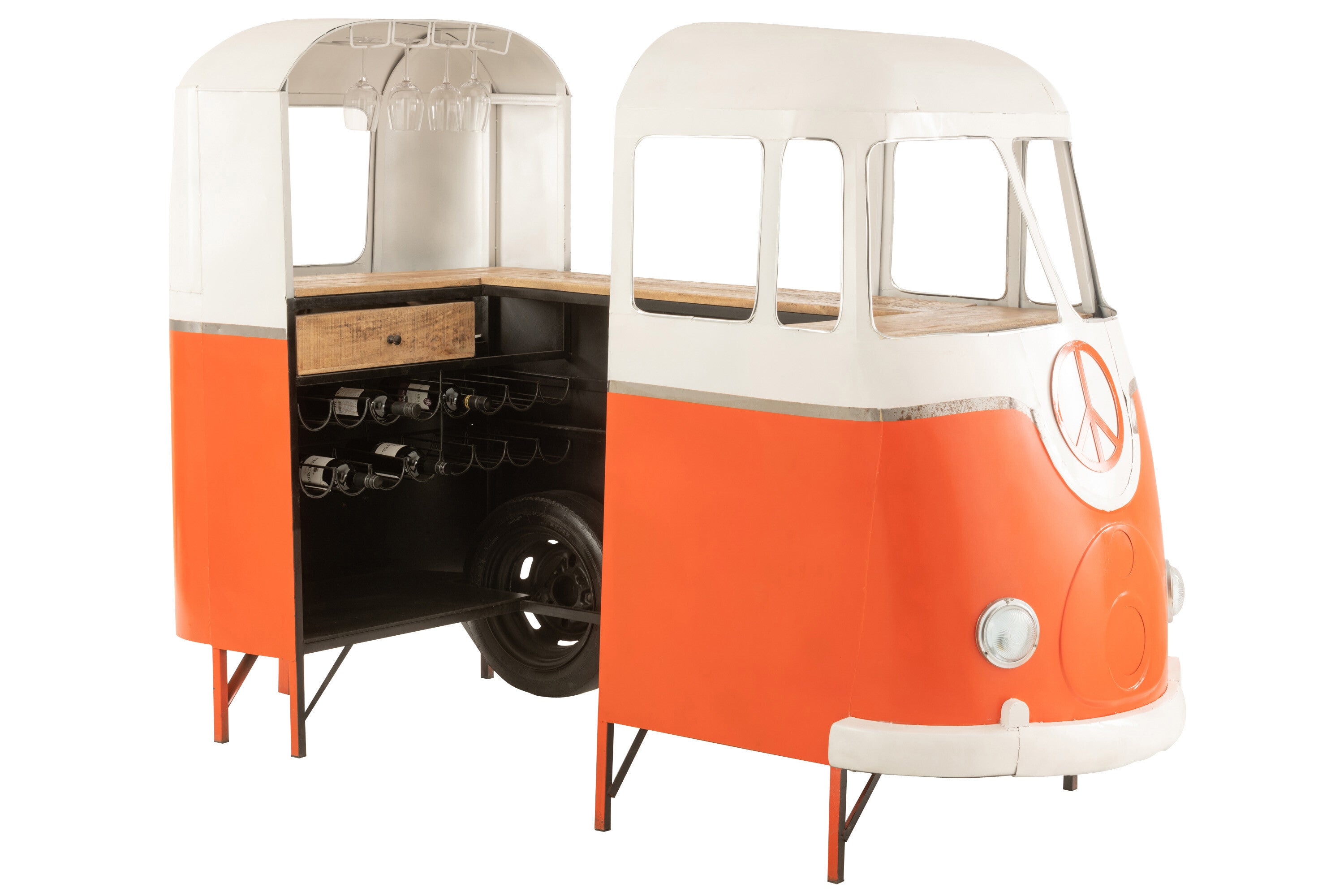 VW Bus Theke Bar aus Metall in Orange - Stilvolle Retro-Bar für Zuhause