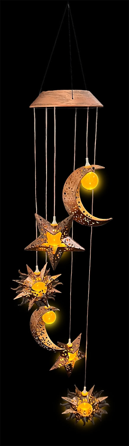 Solar powered wind chime with sun, moon and stars - LED illuminated, 84cm