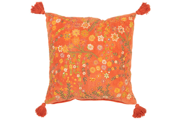 4er Set Viereckige Kissen in Velours Orange mit Blumenmotiv und Quasten - Ein Hauch von Luxus und Farbe