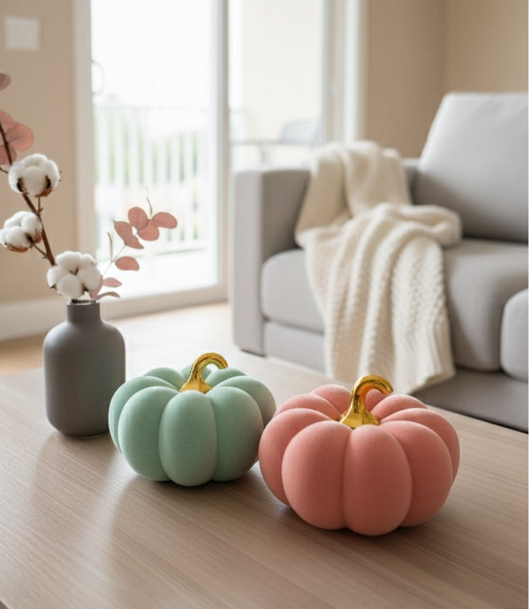 Kürbis Skulptur Autumn Delight Orange Mintgrün Samtoptik 15cm Herbstdeko Dolomit Figur