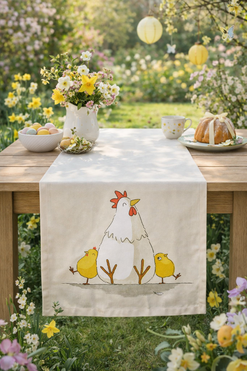 Tischläufer Henny Baumwolle mit Huhn Motiv Beige 140x40 cm
