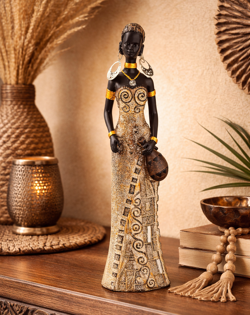 Sculpture Amara African woman with jug and mirror gold 24 cm
