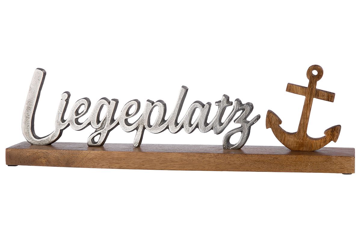 Schriftzug Liegeplatz mit Anker aus Aluminium und Mangoholz