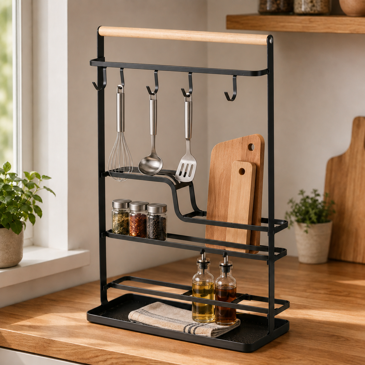 Küchenregal Runa aus Metall mit Haken und Holzgriff