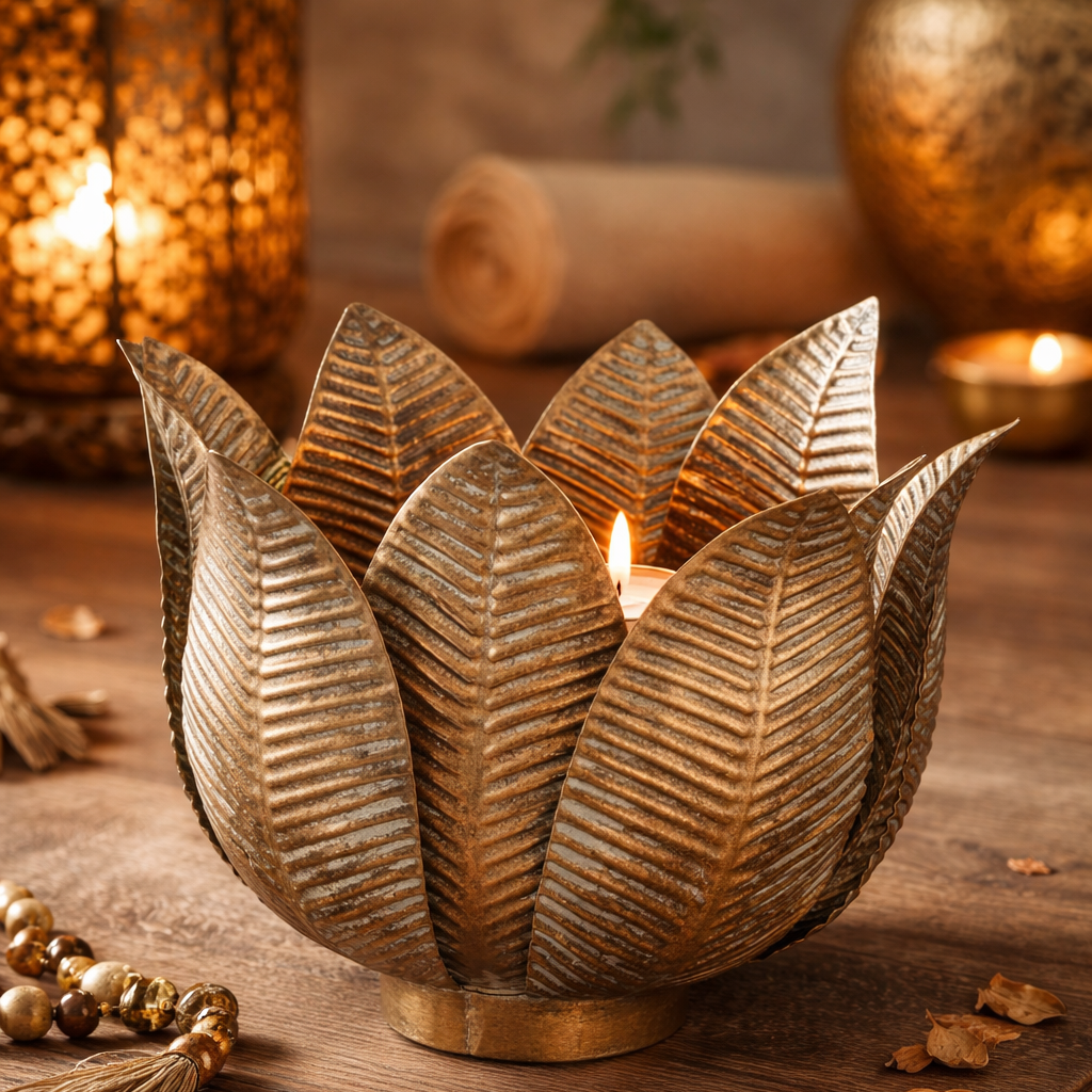 Solvara Blütenlicht Teelichthalter blumenform metall antikgold orientalisch