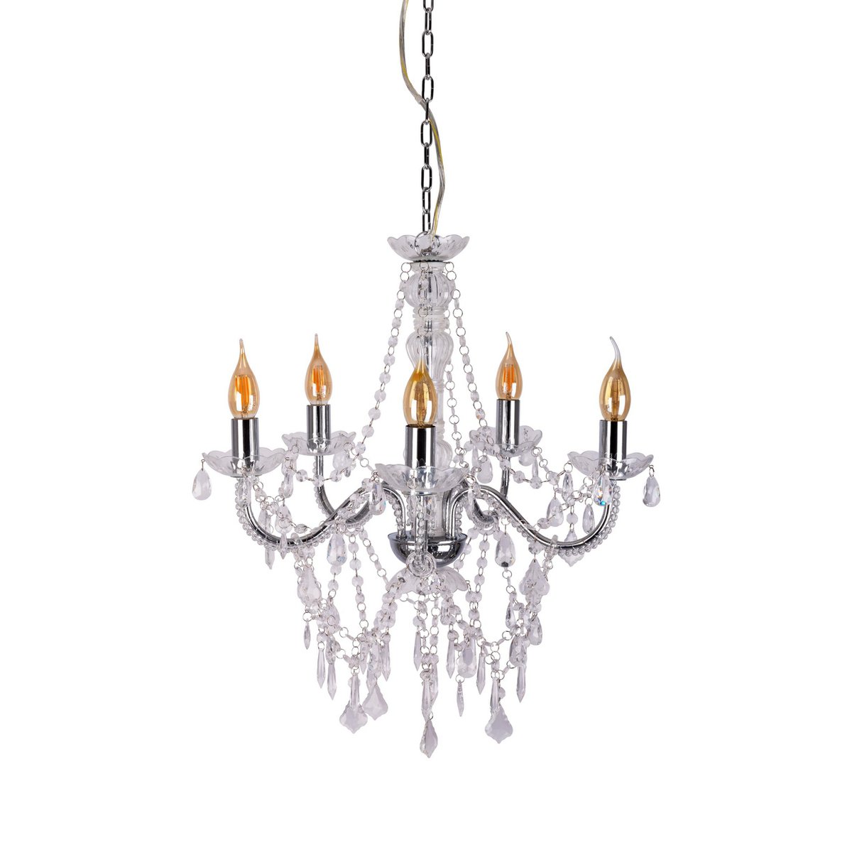 5er Krone "CECILIA" für E14 Sockel, Ø 52 cm, aus Metall und Acryl, in Chrom