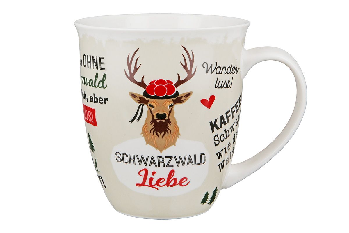 Schwarzwaldliebe - Set van 6 porseleinen jumbobekers, zwart/rood/groen, 400 ml hert