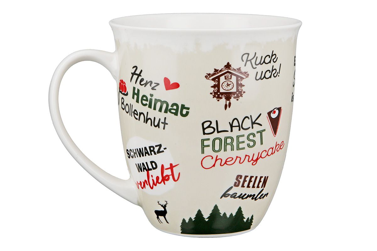 Schwarzwaldliebe - 6er Set Porzellan Jumbo Tassen, Schwarz/Rot/Grün, 400 ml Hirsch
