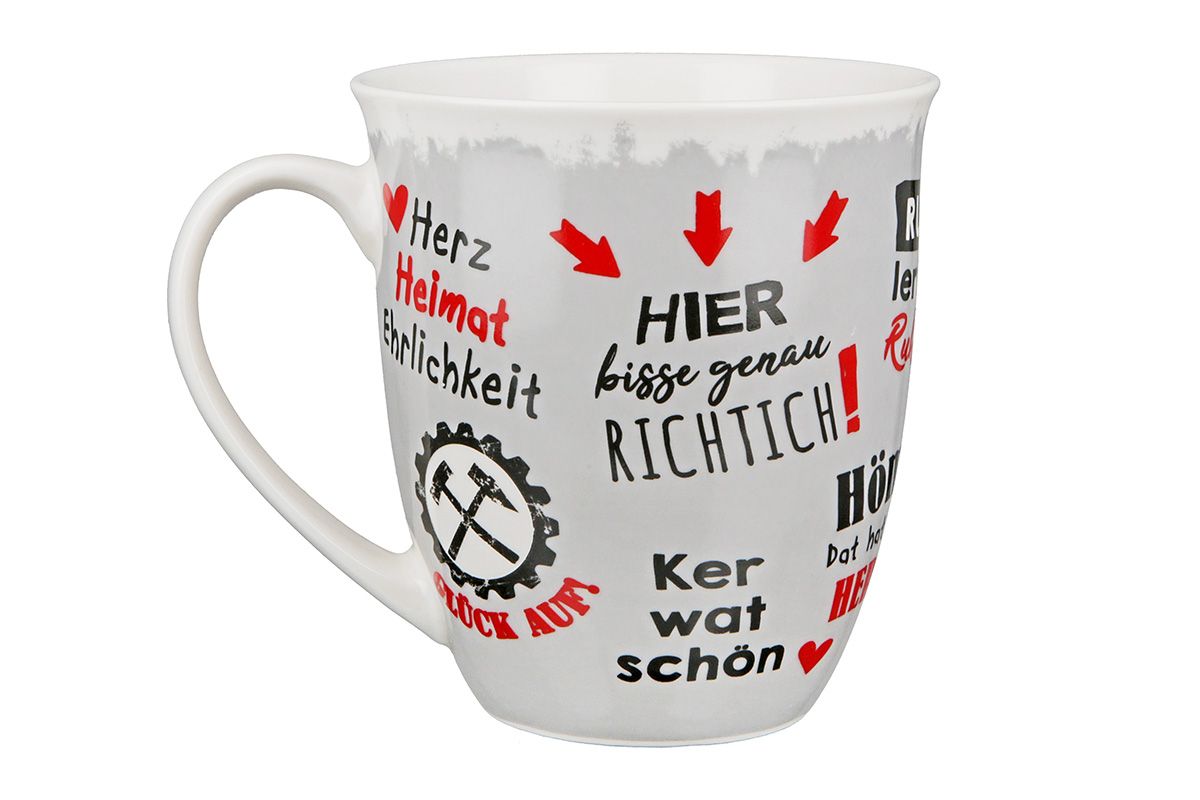 Heimatgefühl Ruhrpott - 6er Set Porzellan Jumbo-Tassen in Schwarz/Rot/Grau, 400 ml