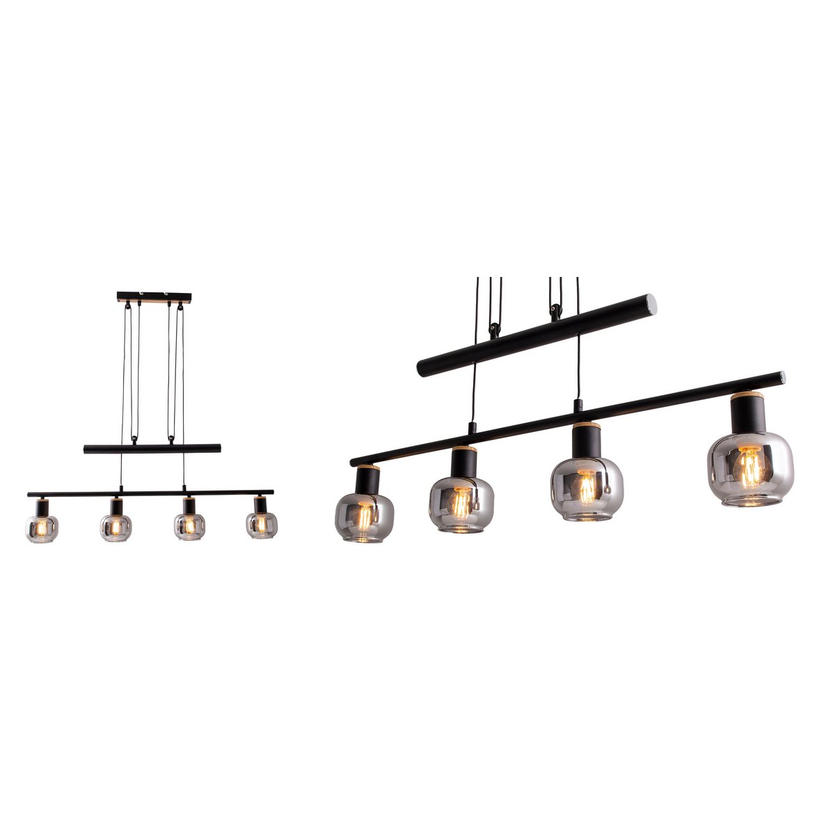 4er Pendelleuchte "FUMOSO", Pendellampe höhenverstellbar aus Metall und Rauchglas in Schwarz,, mit E14-Fassung, für Esszimmer, Wohnzimmer, Diele oder Büro, 78 x 10 cm