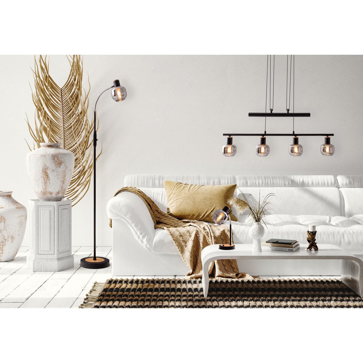 4er Pendelleuchte "FUMOSO", Pendellampe höhenverstellbar aus Metall und Rauchglas in Schwarz,, mit E14-Fassung, für Esszimmer, Wohnzimmer, Diele oder Büro, 78 x 10 cm