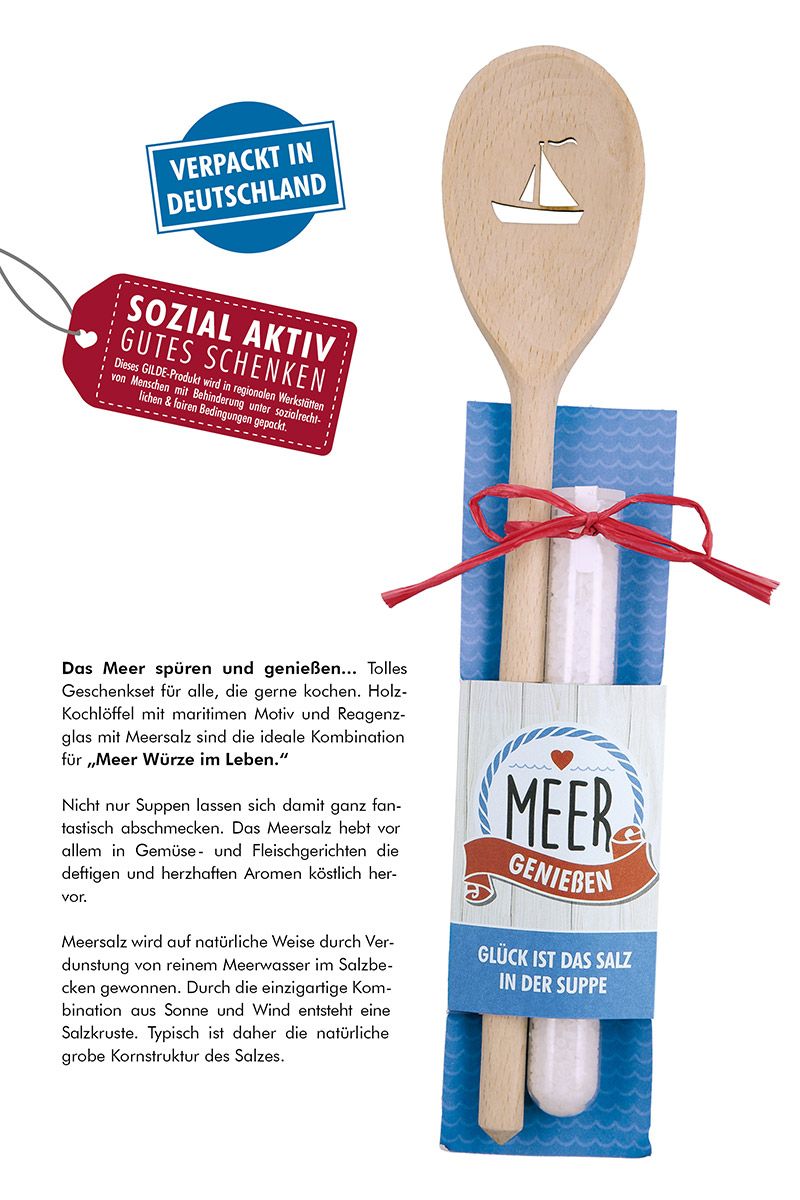 Glück ist das Salz in der Suppe - 6er Set Holz Kochlöffel mit italienischem Meersalz, 50g
