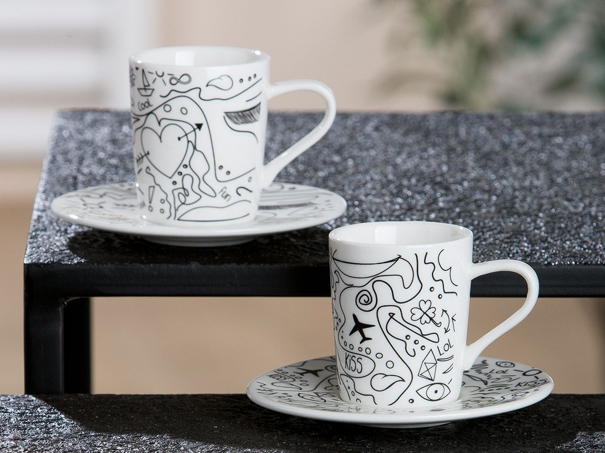 Espresso Set 'Modern Art' mit Einliniendesign aus Knochenporzellan – 2 Tassen mit Untertassen