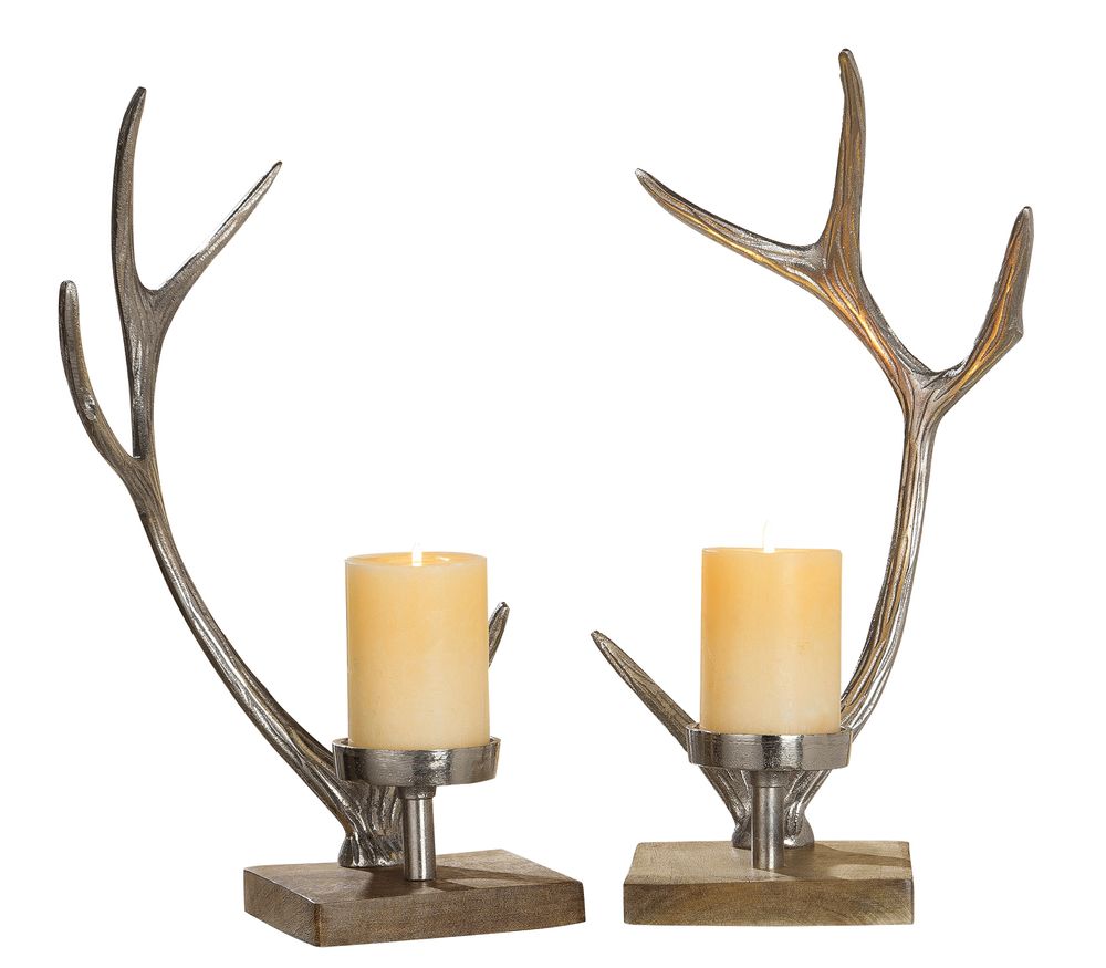 2-Piece Aluminum Candle Holder Set Antlers in Silver Tone with Mango Wood - Rustic elegance for your home