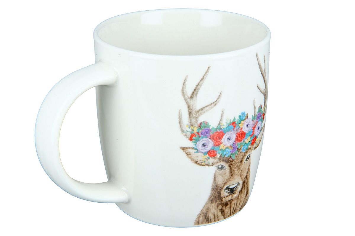 6er Set Porzellan Tassen 'Hirsch mit Blumenkranz' – Elegante Tee- & Kaffeemomente in Naturinspiration