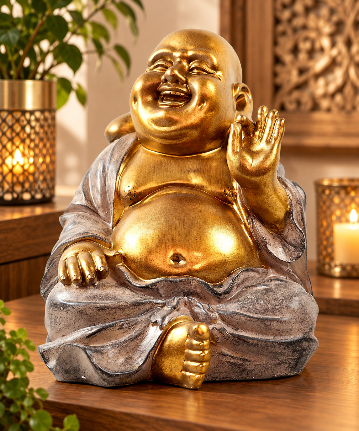 Dekofigur Glücksbuddha Gold Grau 33 cm B-Ware
