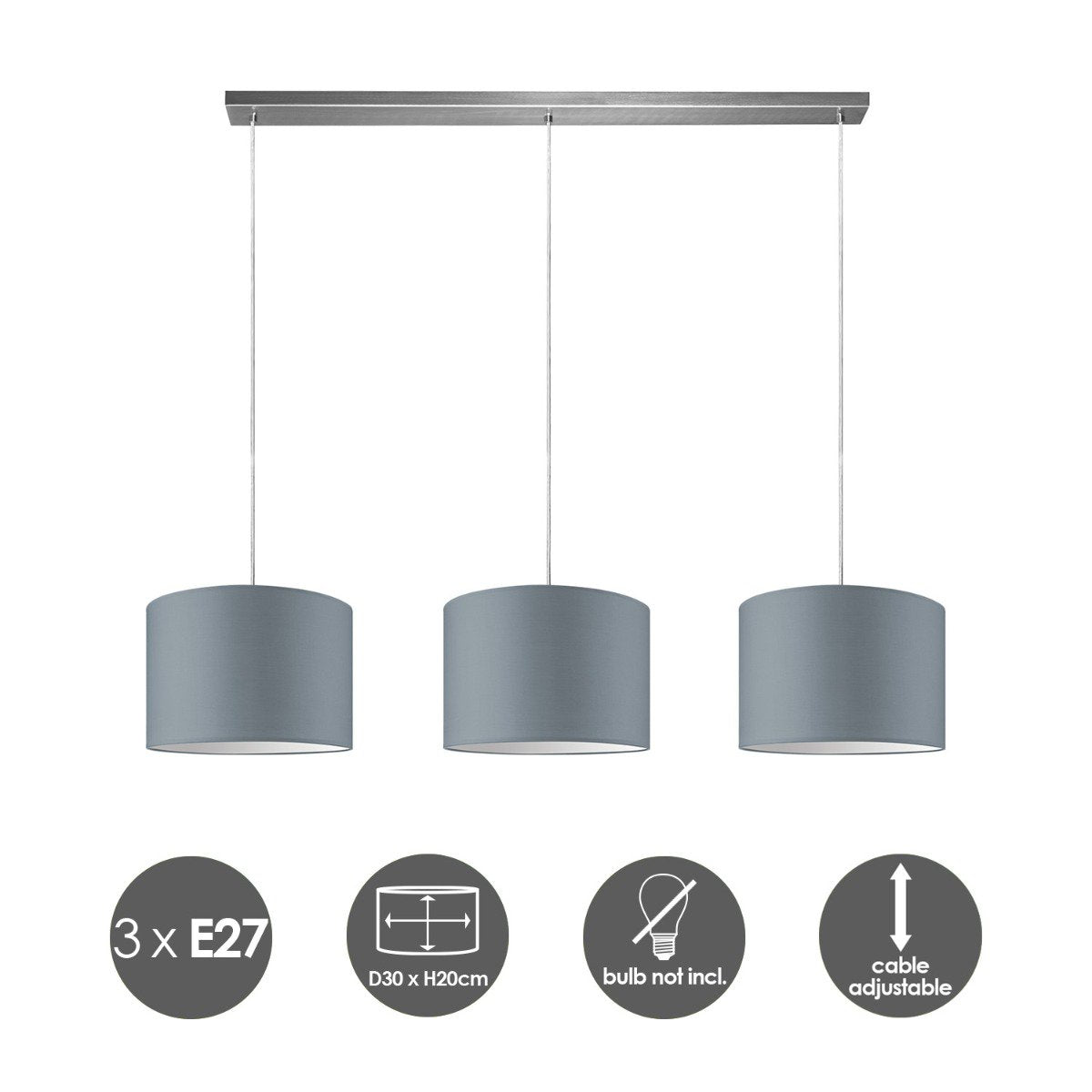 Hängelampe Beam 3L, E27, grauer Lampenschirm, 30 cm