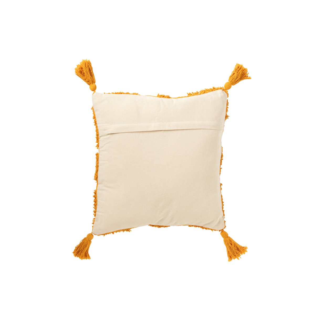 Quadratisches Kissen mit Quasten und Muster – Ocker Boho Design