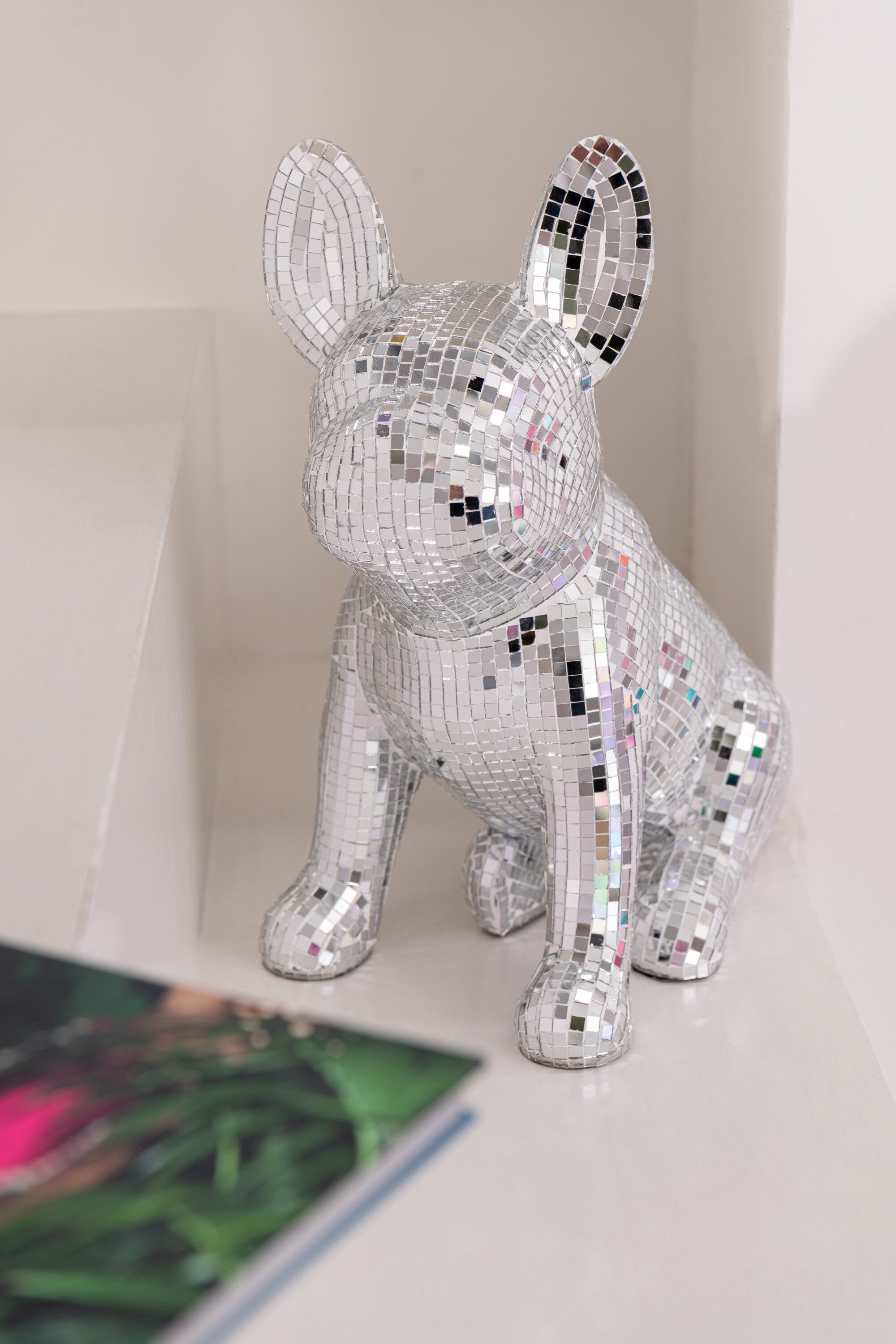 Dekofigur Disco Bulldogge Silber Spiegel Mosaik 33 cm