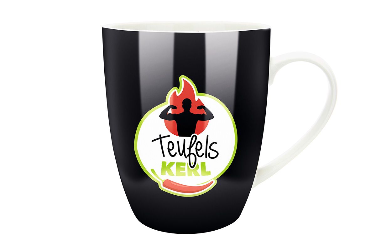 Teufelskerl - Set van 6 porseleinen kopjes in zwart en rood gemaakt van bone china, 360 ml