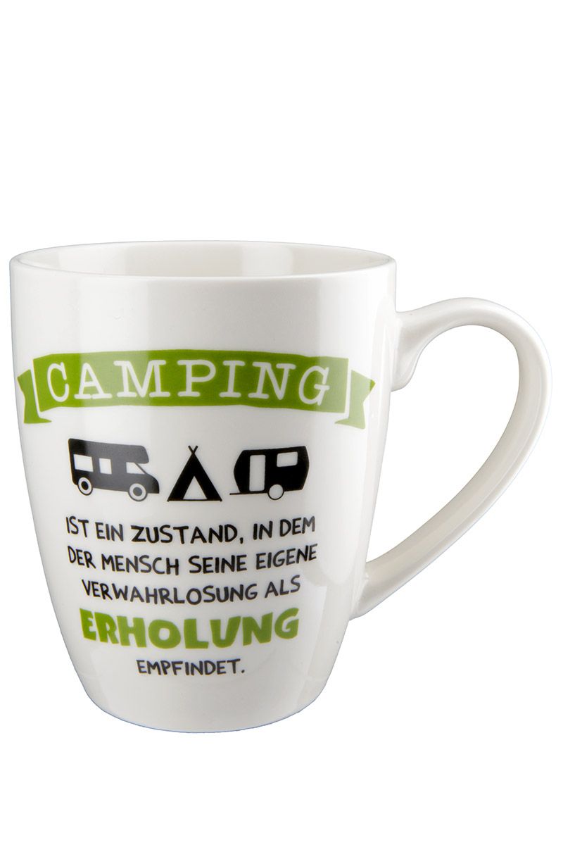 Camping - Set van 6 porseleinen kopjes, groen/zwart, spreukmotief, 360 ml