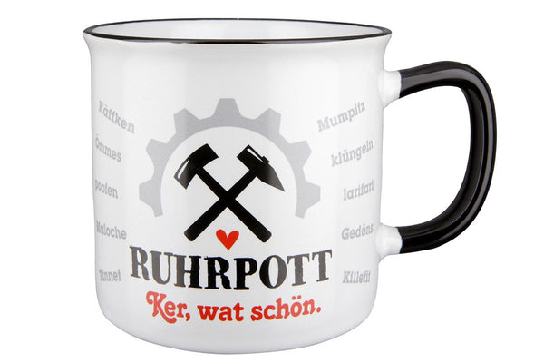 Ruhrpott - Ker, wat schön - 6er Set Keramik Tassen, Weiß/Schwarz/Rot, Emaille-Design, 390 ml