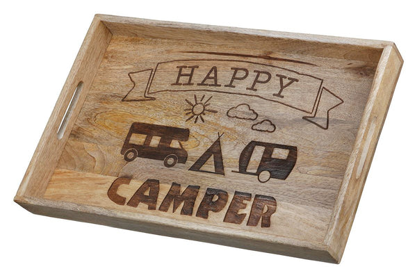 2er Set Holz Deko Tablett Happy Camper - Natürliches Mangoholz für stilvolle Camping-Dekoration