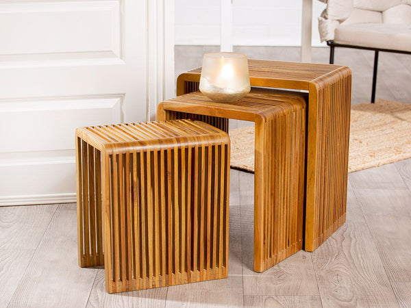 Holz Couchtisch Set Cali - 3er Set Beistelltische aus Teakholz mit Geschlitztem Design
