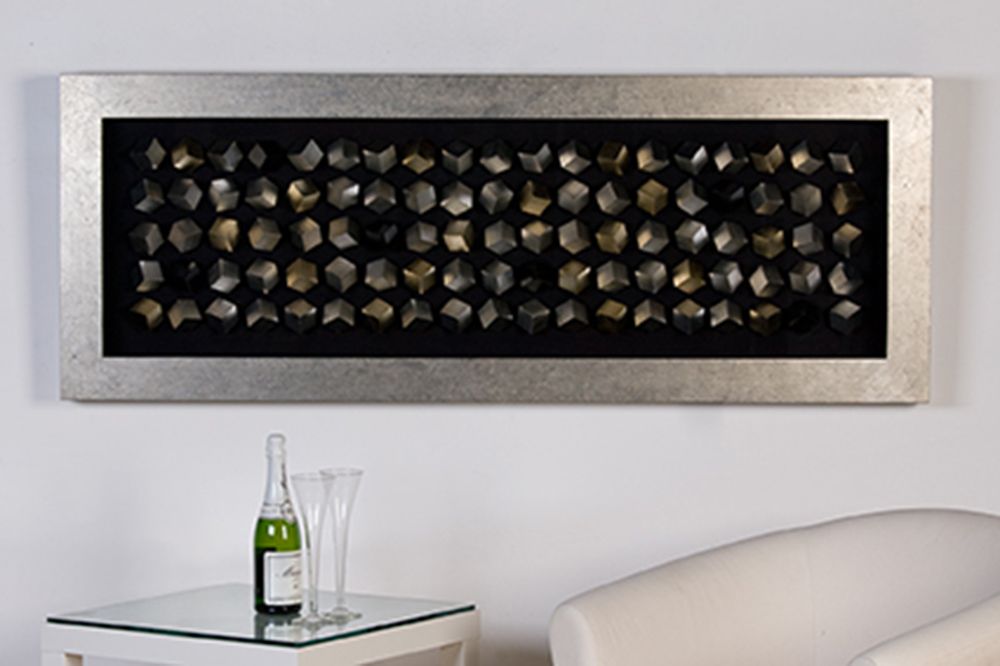 Wandobjekt "Cubes" in Silber, Holz/Glas, Antikfinish – Handgearbeitete Kunst in 3D-Optik