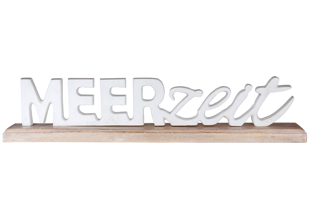 Schriftzug Meerzeit aus Aluminium und Mangoholz Weiß