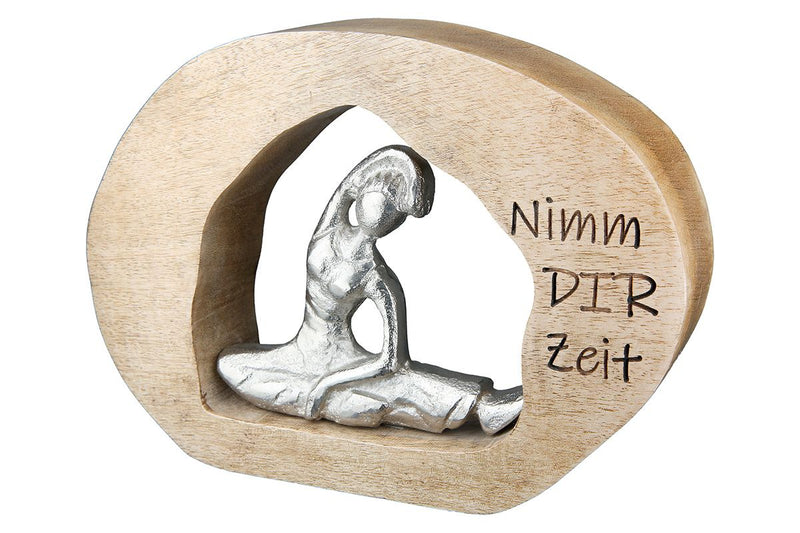 Inspirierende Yoga-Skulptur "Nimm Dir Zeit" aus Holz und Aluminium