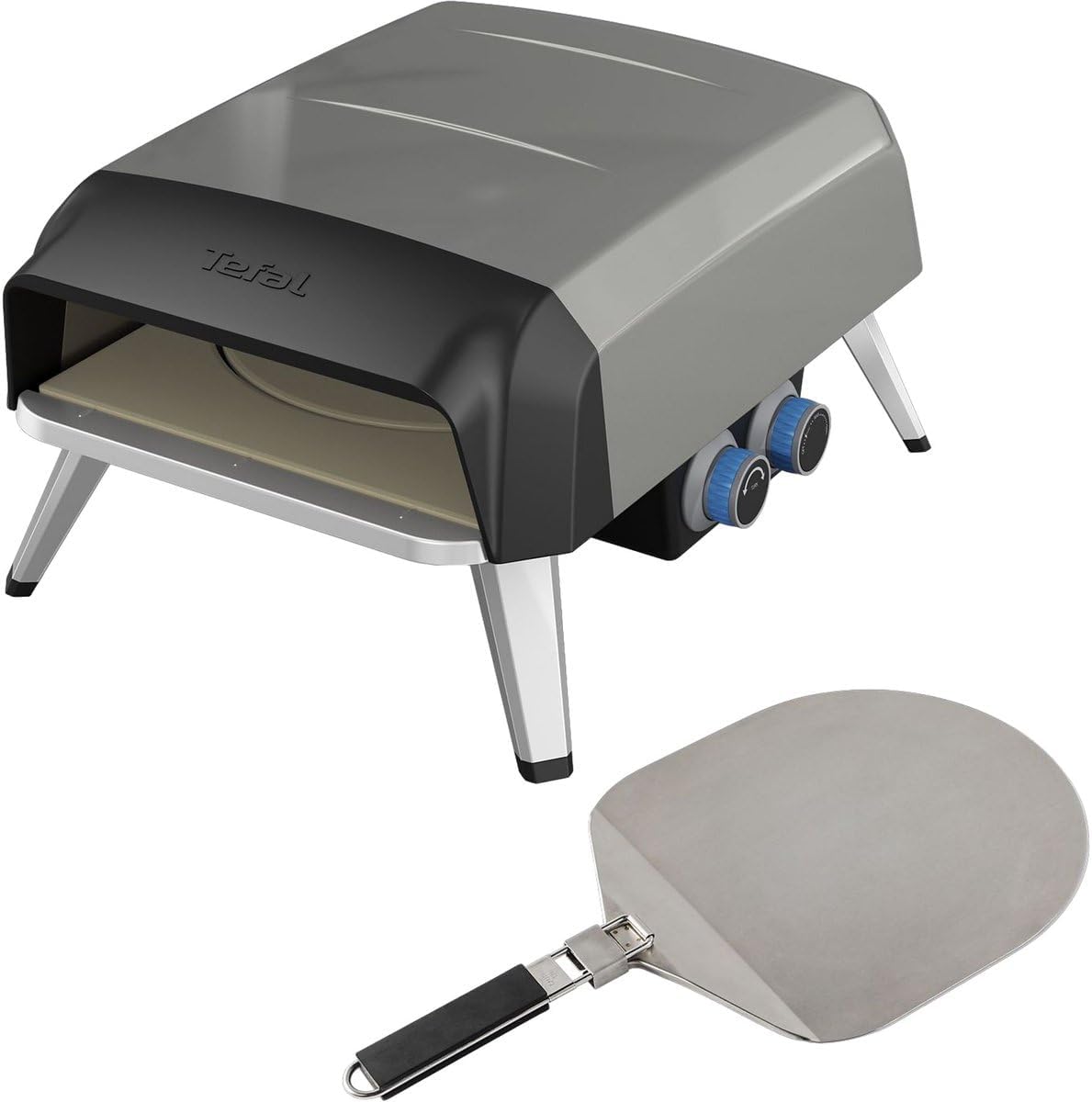 Tefal Pizza Pronto Gas-Pizzaofen für den Außeneinsatz, bis 400 °C, Temperaturregler, Ein-/Ausschalter, Steuerung des Drehsteins, kompakt, inkl. Pizzaschieber, Edelstahl, JM413015