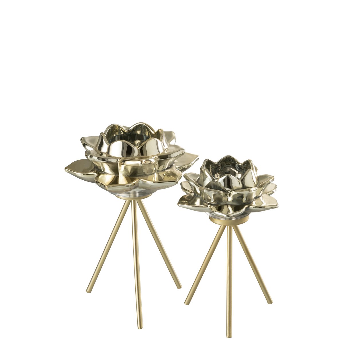 Luxuriöser Teelichthalter in Blumenform mit Dreibein-Stativ, Gold