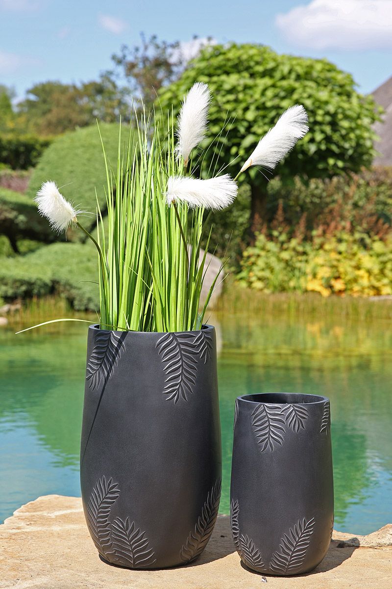 2er Set Pflanzgefäße Palmera Anthrazit mit Blattmotiv, Fiberglas