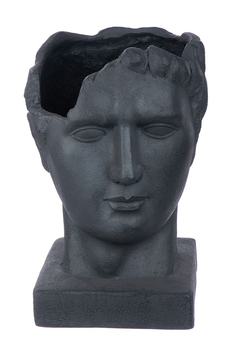 Testa man motif planter made of anthracite-colored fiberglass