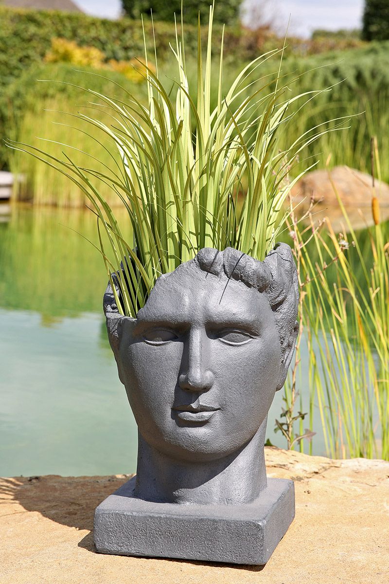 Testa man motif planter made of anthracite-colored fiberglass