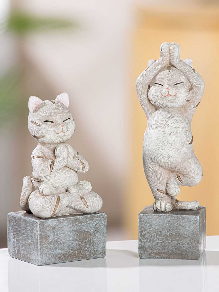 2er Set Figuren - Yoga Katze 'Kitten', 2fach Sortiert, Grau auf Base