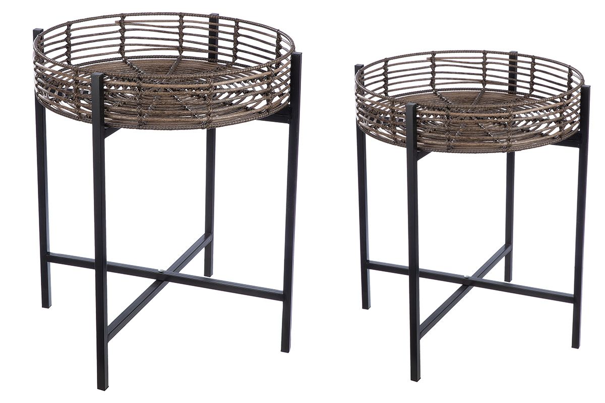 Set of 2 round side tables Rotin – metal & polyrattan, brown