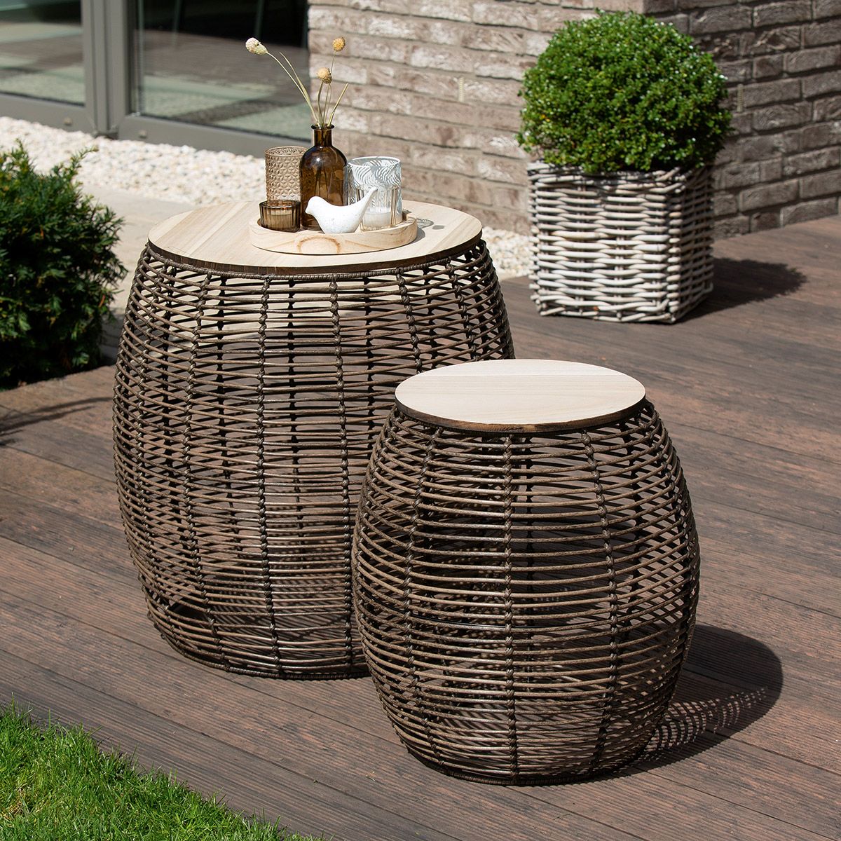 Bulbous side tables 'Rotin' in a set of 2 – polyrattan, brown
