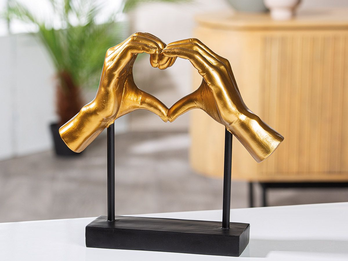 Goldfarbene Skulptur "Amour" Herz mit Händemotiv