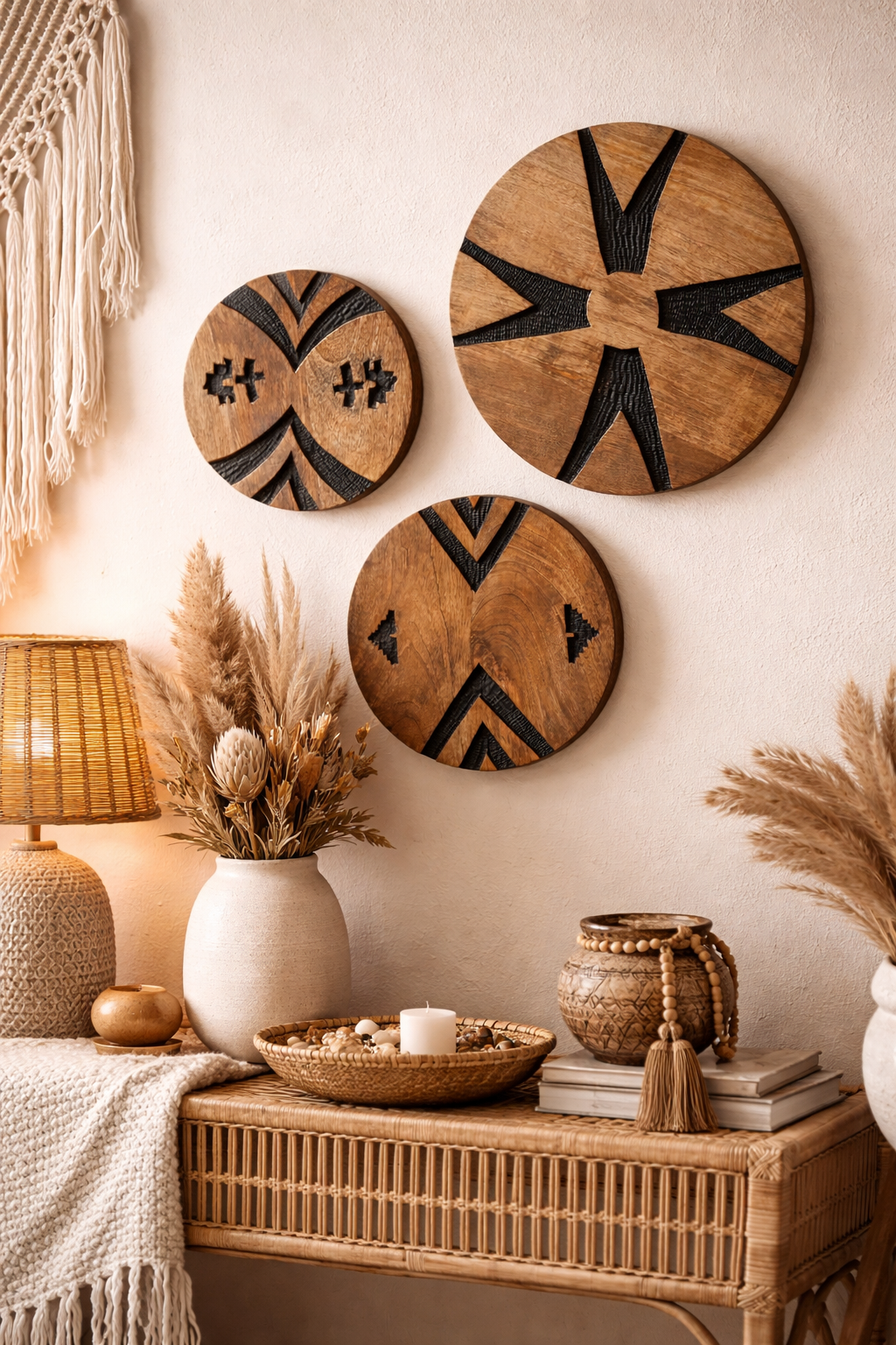 Wanddeko Holz Dalane Mangoholz Rund Geometrisches Wandobjekt Boho Ethno 3er Set