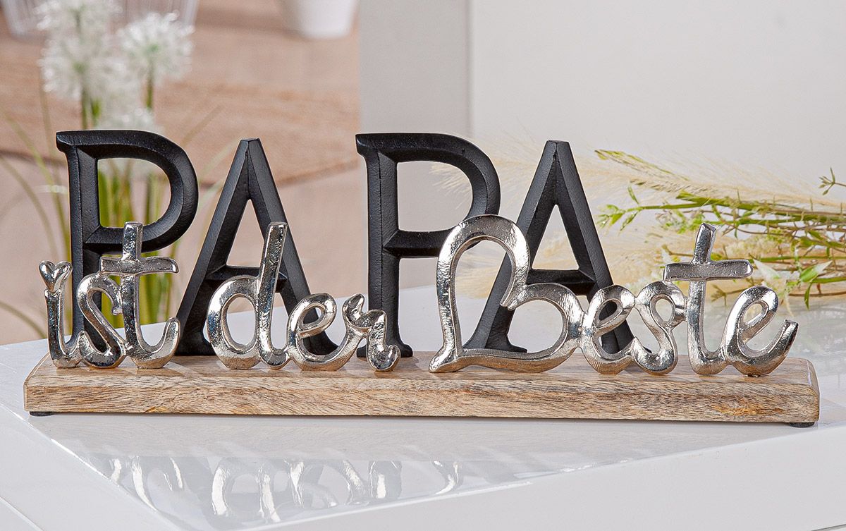 Deko Schriftzug PAPA ist die Beste aus Aluminium und Mangoholz