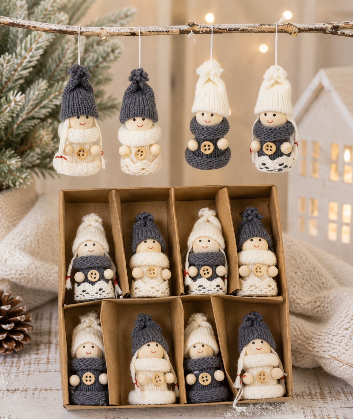Holzpüppchen Winterzauber grau weiß 8er Set zum Hängen