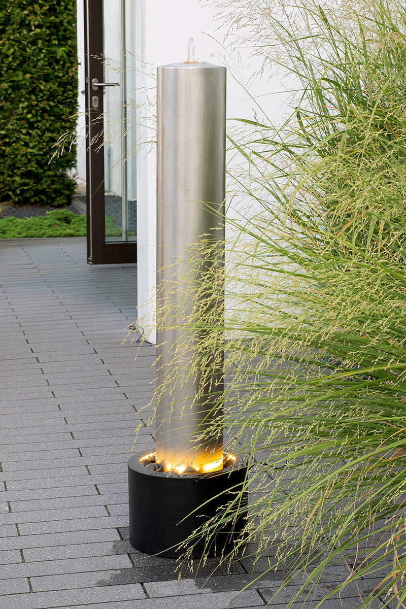 LED Gartenbrunnen Pillar zylindrisch Edelstahl Grau 118cm