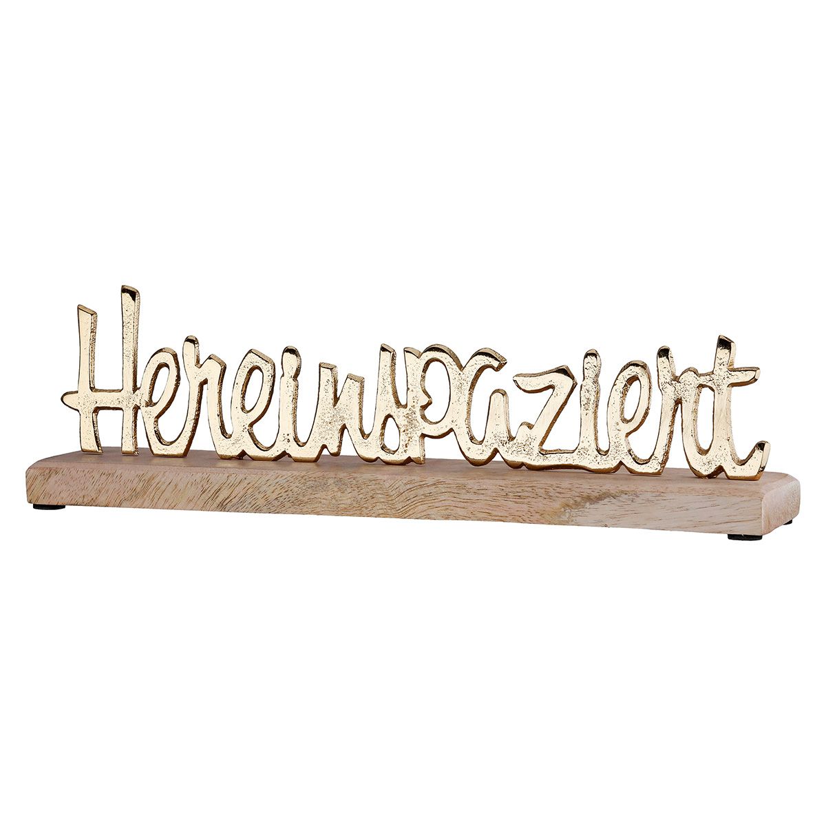 Schriftzug Hereinspaziert aus Aluminium auf Mangoholz-Sockel Goldfarben