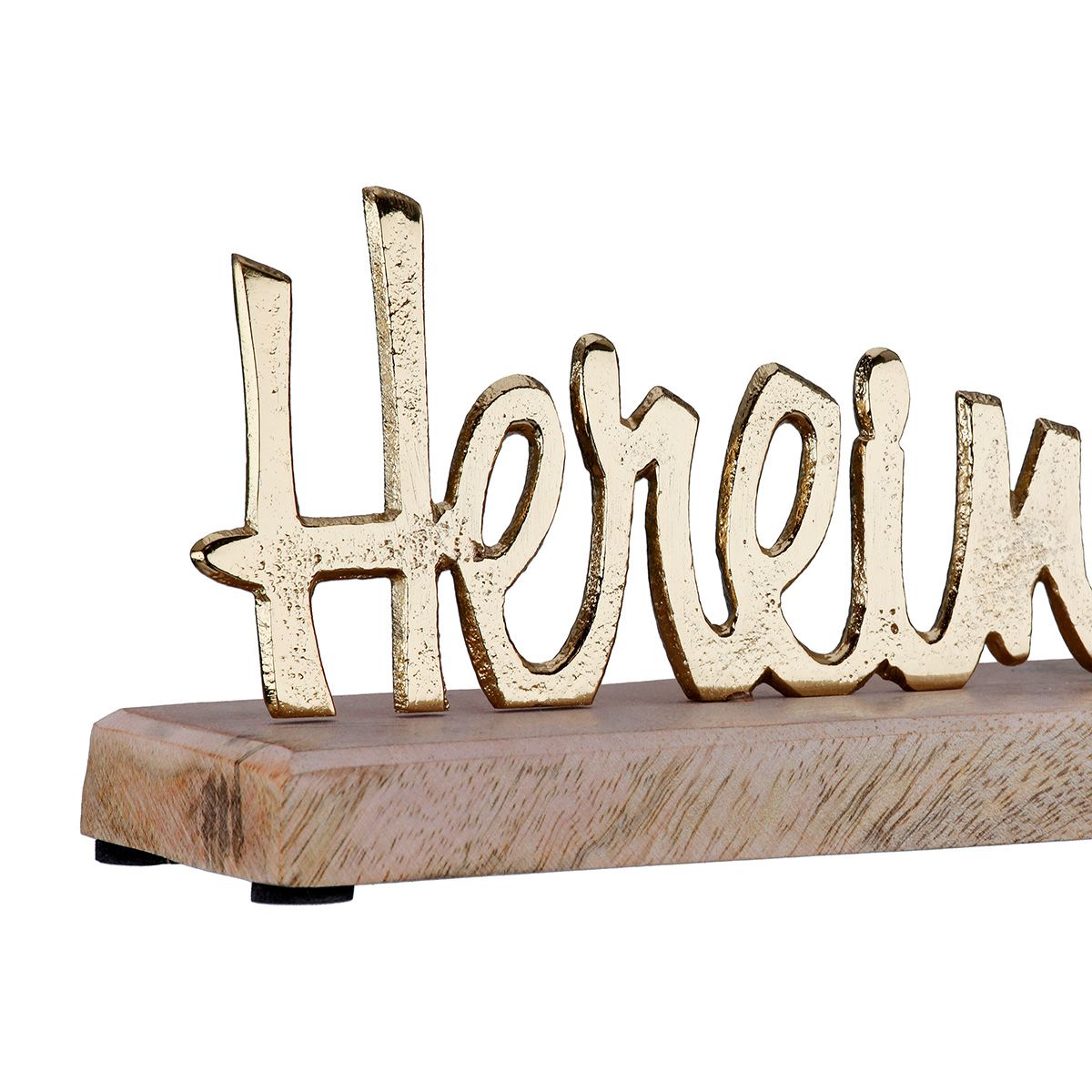 Schriftzug Hereinspaziert aus Aluminium auf Mangoholz-Sockel Goldfarben