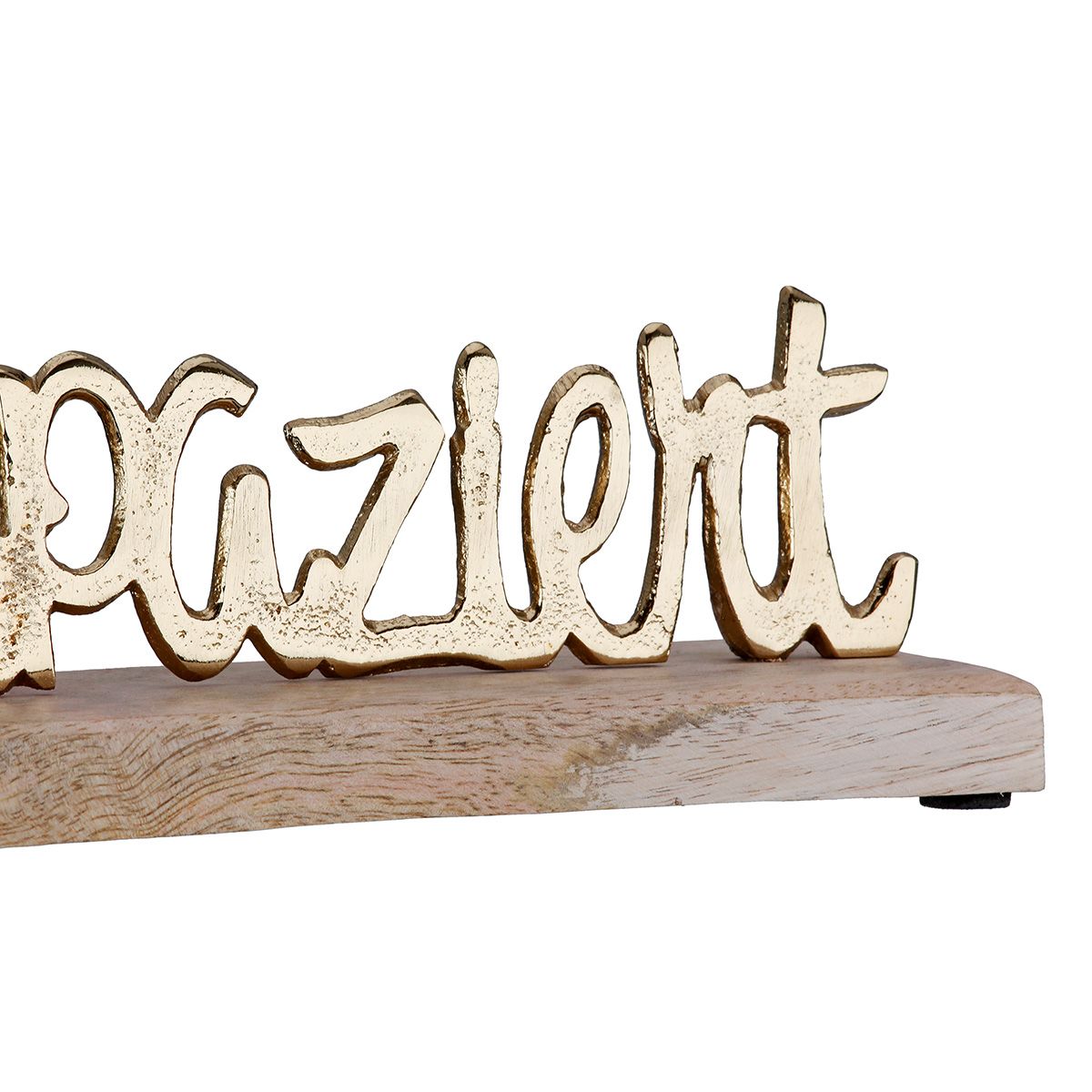 Schriftzug Hereinspaziert aus Aluminium auf Mangoholz-Sockel Goldfarben