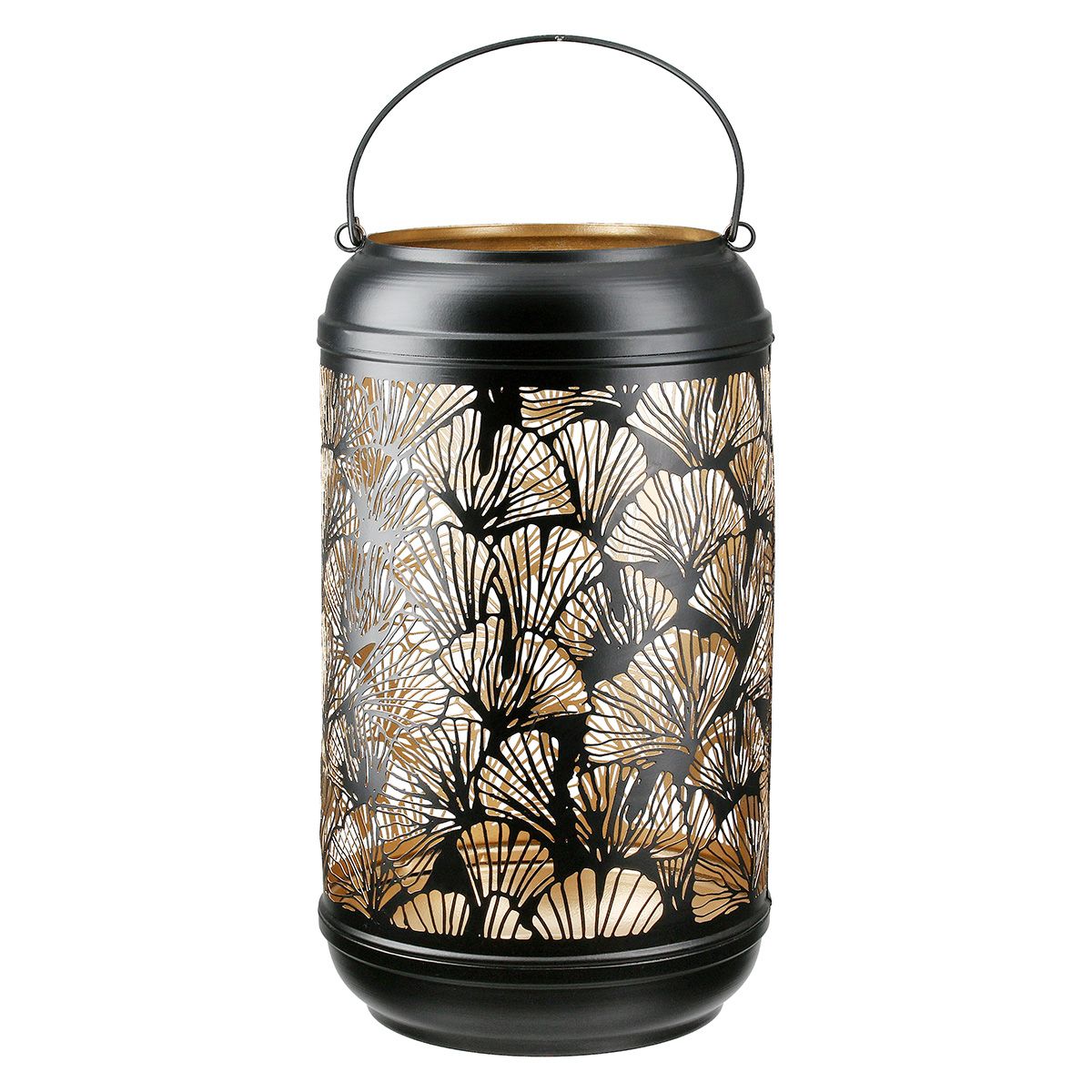 Windlicht Ginkgo Metall Schwarz mit Henkel