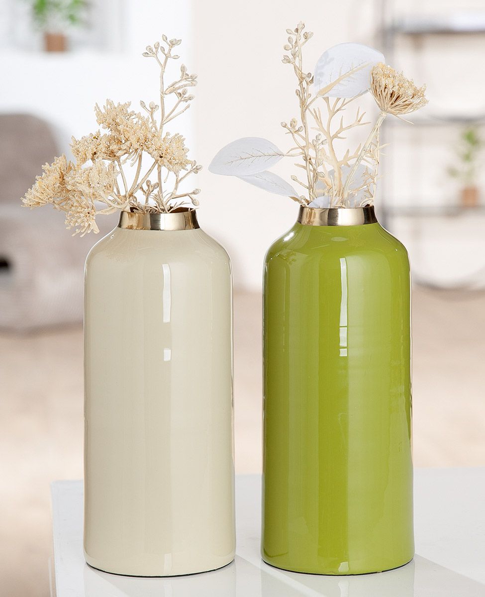 Vase Roro 2er Set aus Metall in Creme und Grün