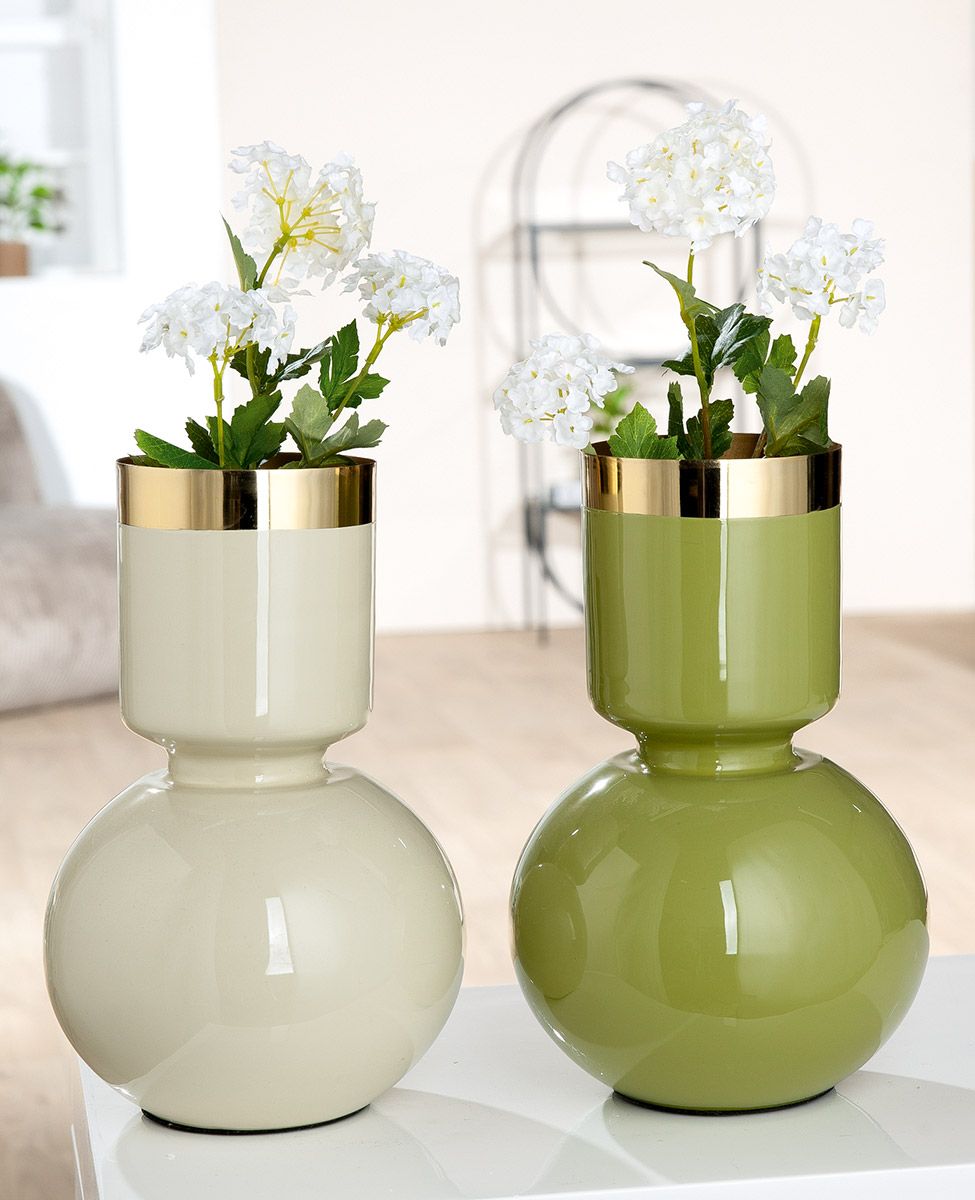 Vase Roro 2er Set aus Metall in Creme und Grün